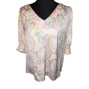 Seigrid Olsen women’s XL pastel paisley smock 3/4 sleeve pin-tuck bodice tunic ￼